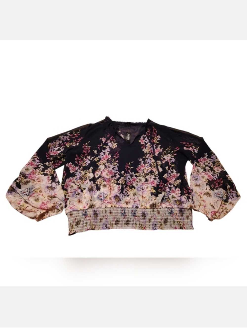 Women’s XL WHBM White House Black Market Floral Long-Sleeve Smocked Waist Blouse